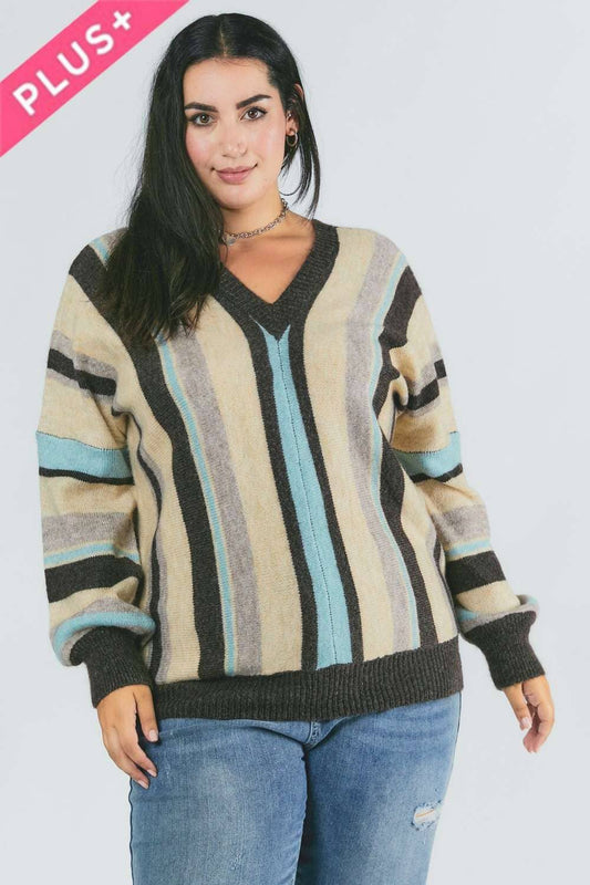 PLUS STRIPED V NECK SWEATER