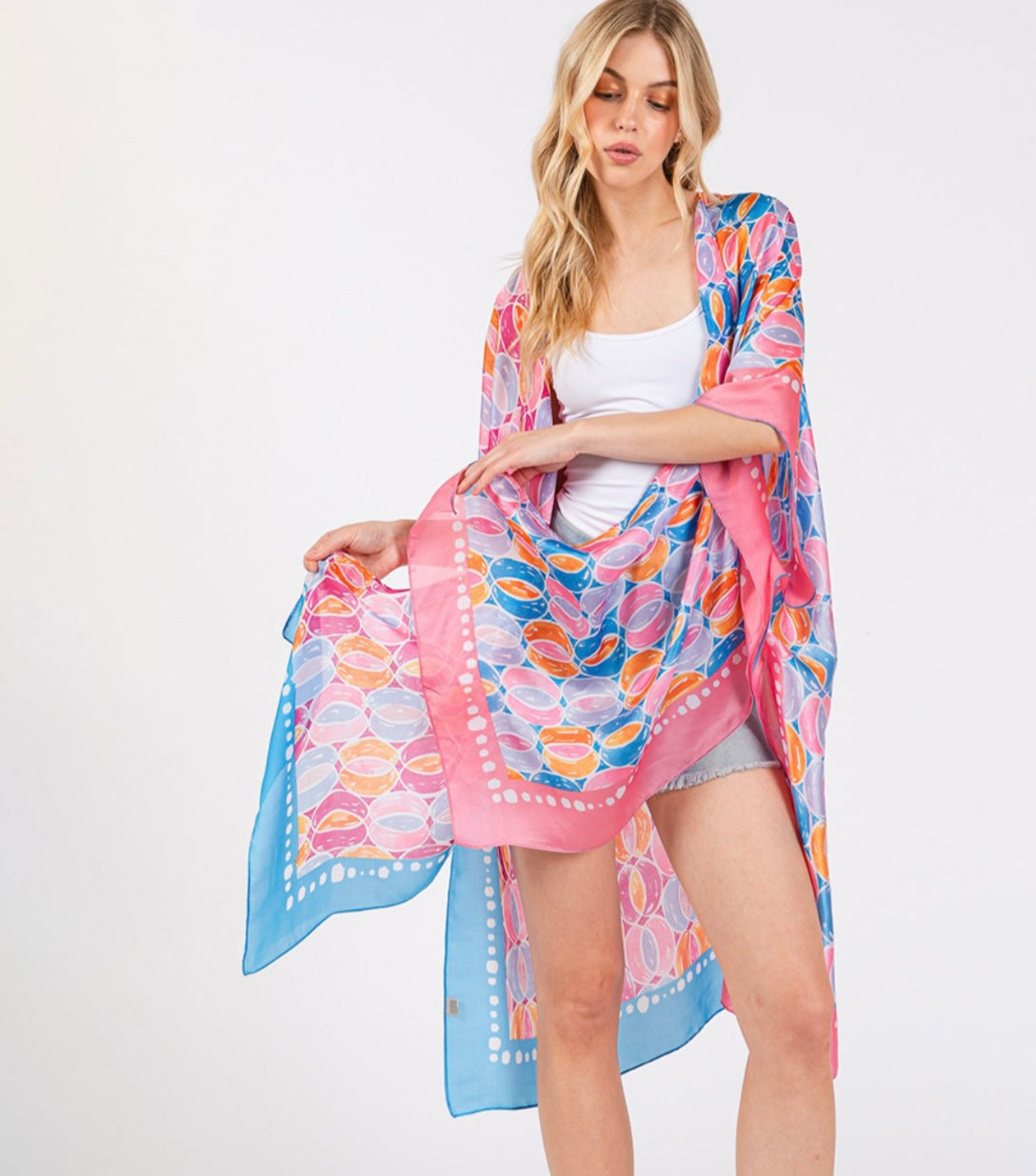 Two Tone Trim Abstract Print Silky Feel Kimono