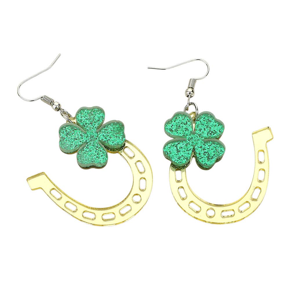 St Patrick's Day Glittered Resin Clover Horseshoe Earrings