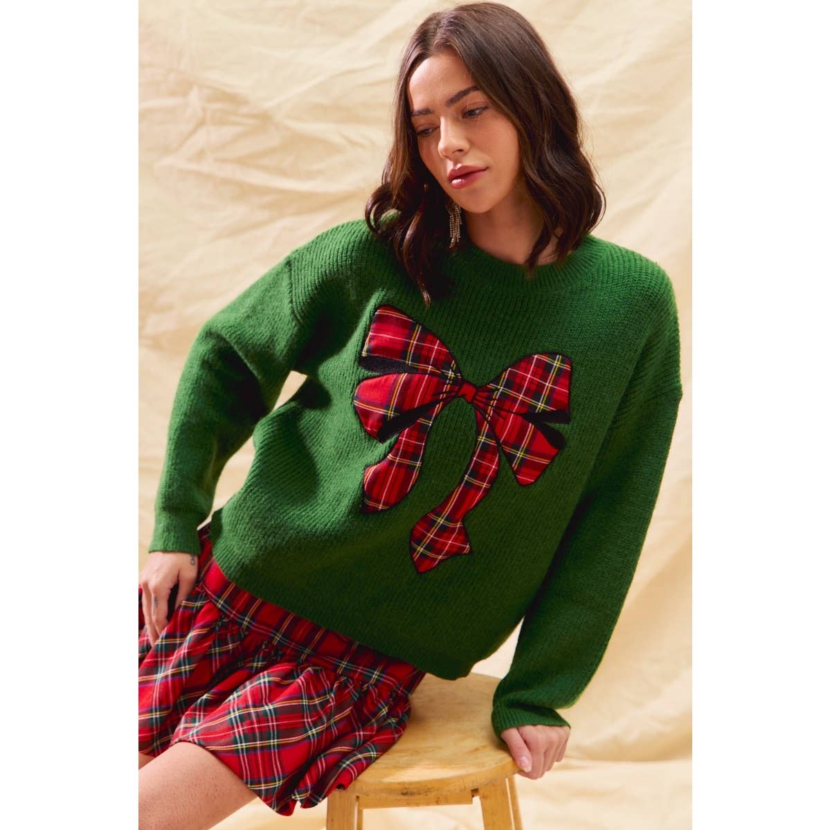 CHECKER PLAID RIBBON CHRISTMAS HOLIDAY SWEATER TOP: GREEN / S