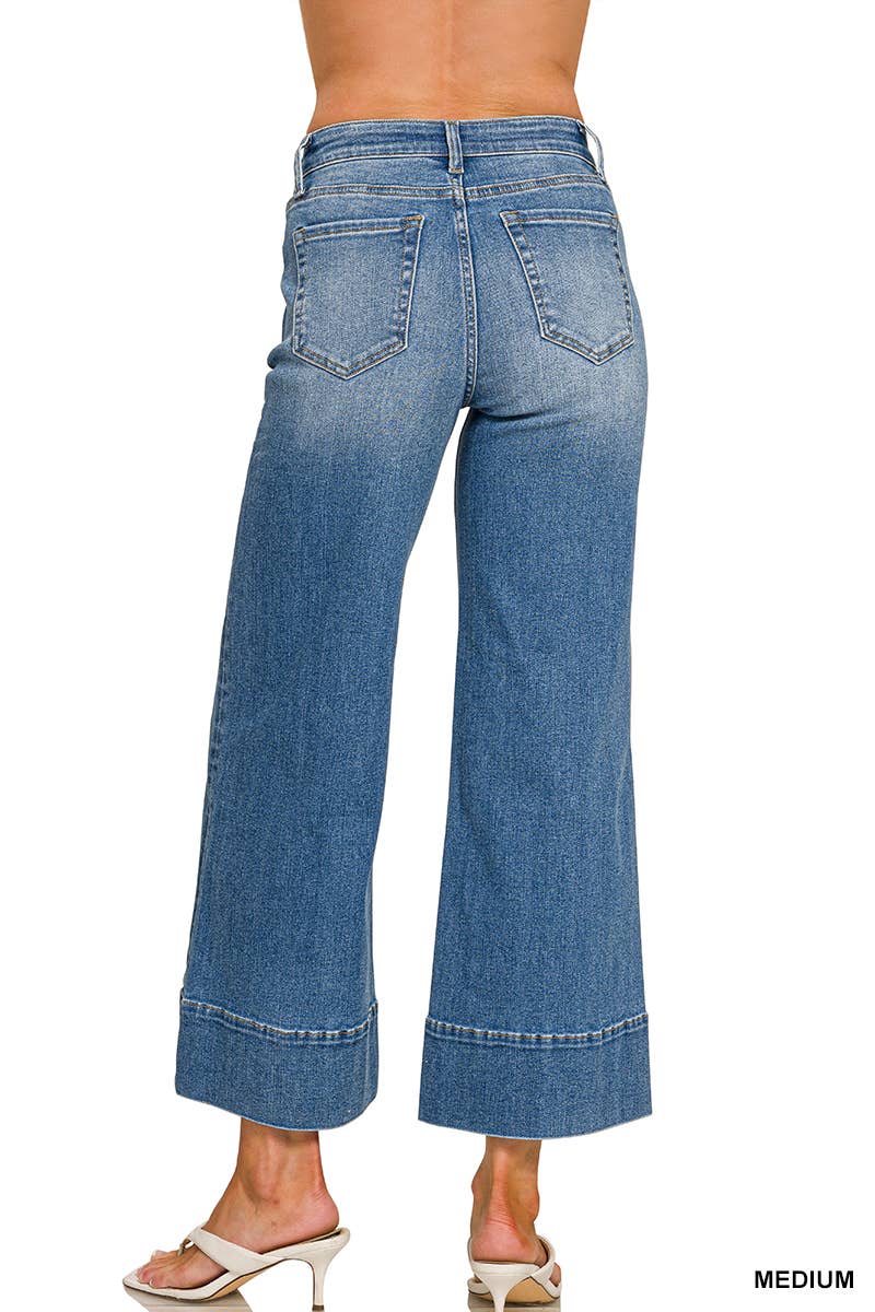 Cropped Wide Leg Pintuck Denim Jean