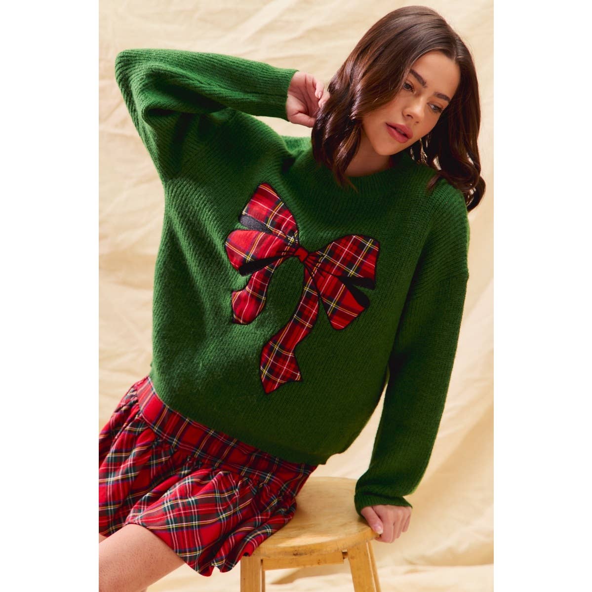 CHECKER PLAID RIBBON CHRISTMAS HOLIDAY SWEATER TOP: GREEN / S