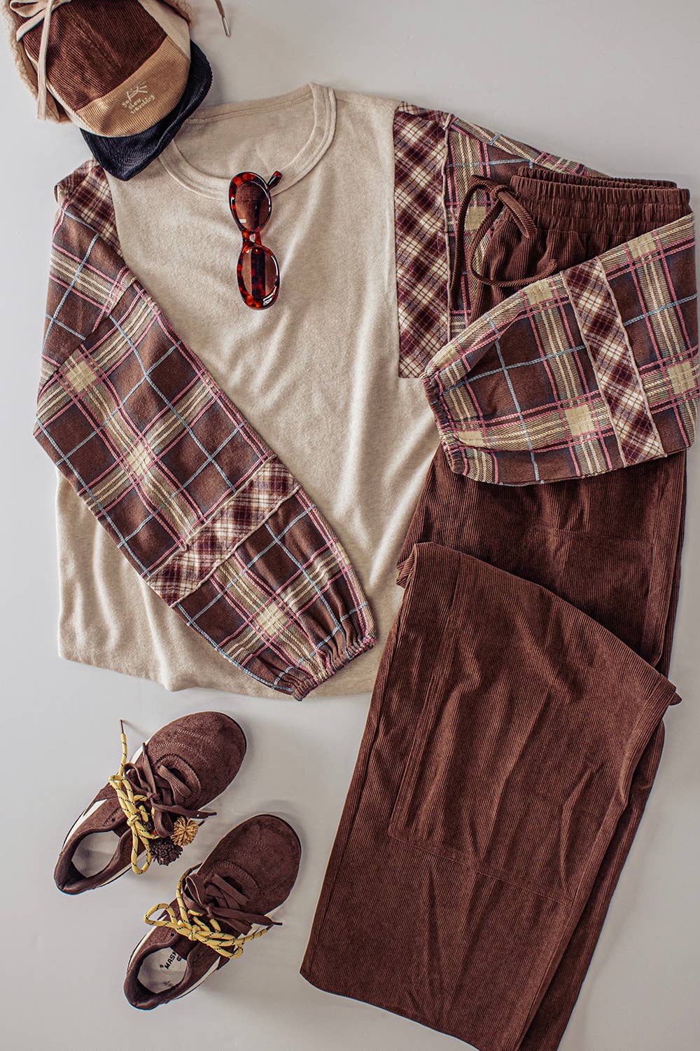 NT12815-Contrast Plaid Sleeve Top: GRAY / S-M-L/2-2-2