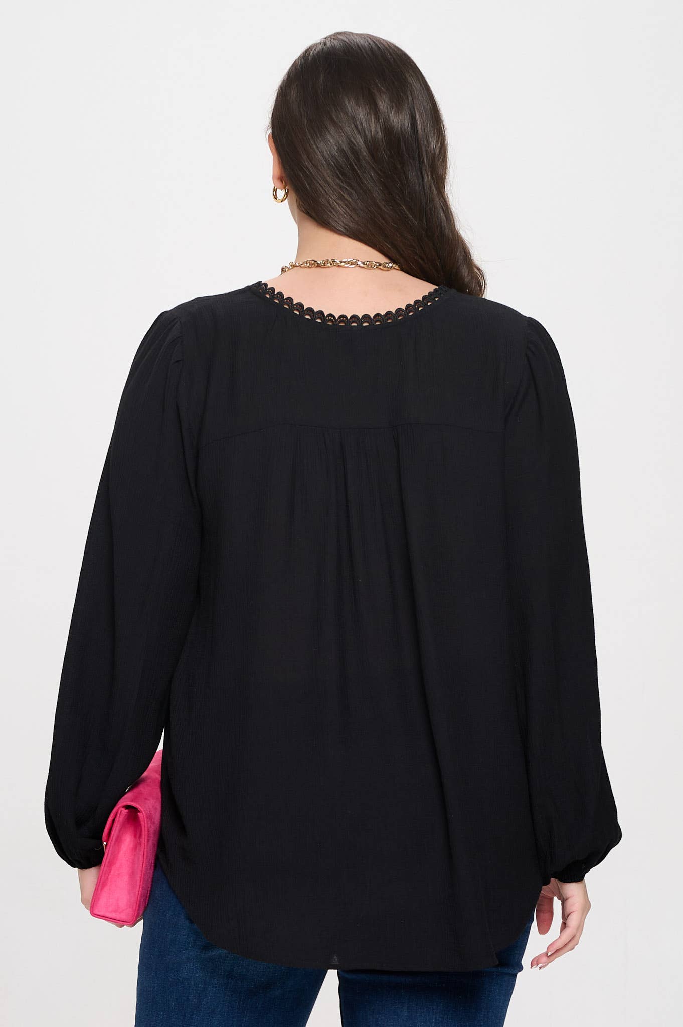 PLUS SPLIT NECK EYELET TRIM LONG SLEEVE KNIT TOP