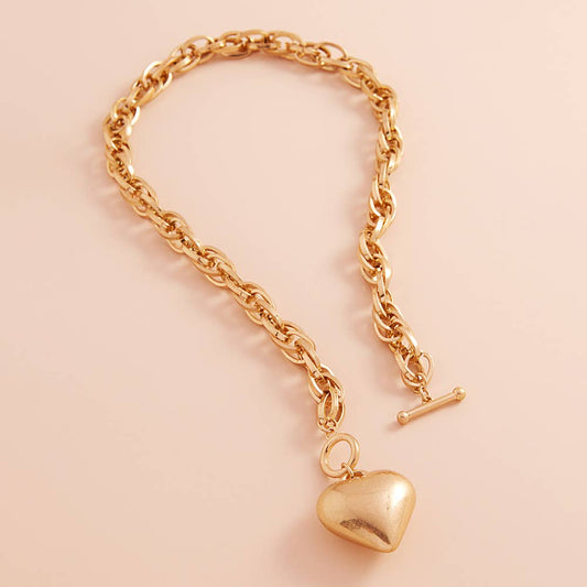 Brushed Metal Puffy Heart Pendant Chunky Toggle Necklace