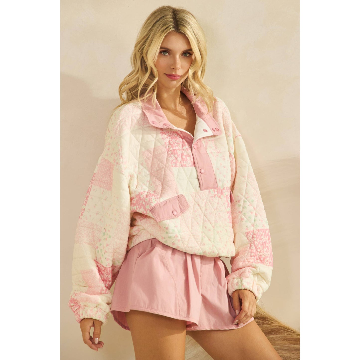 Quilted Contrast printed Quarter Button Sweatshirt