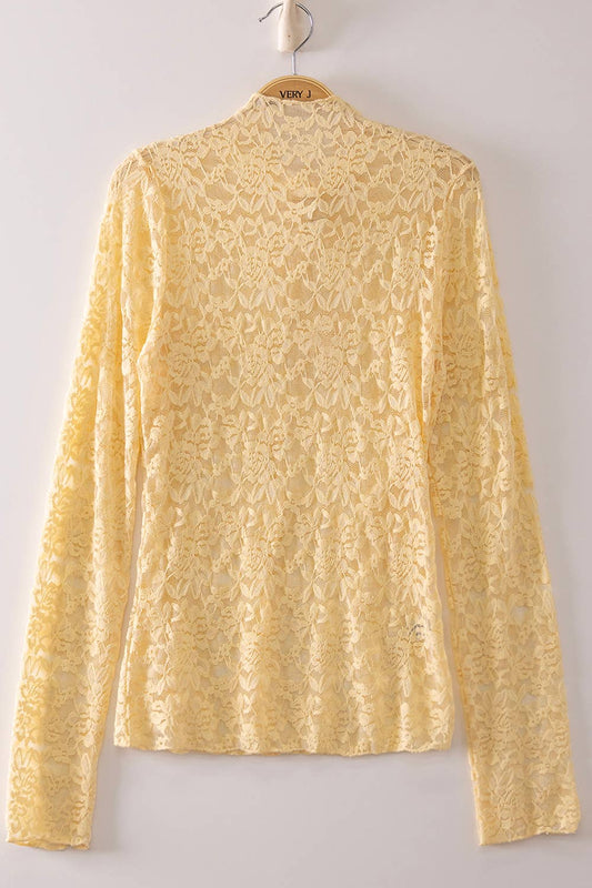 High Neck Fitted Sheer Mesh Lace Knit Top