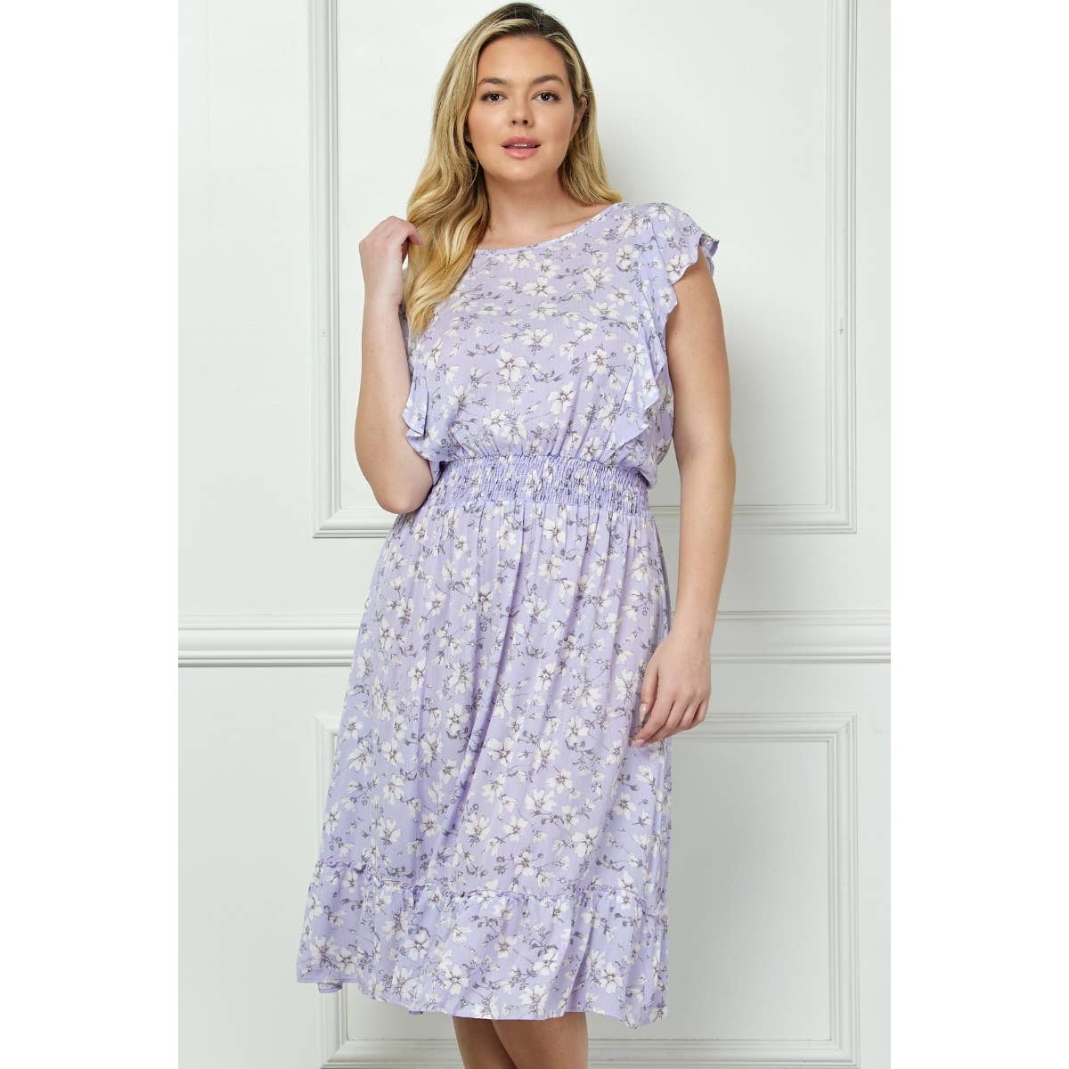 Plus Size Vintage Floral Flutter Midi Dress: Lilac
