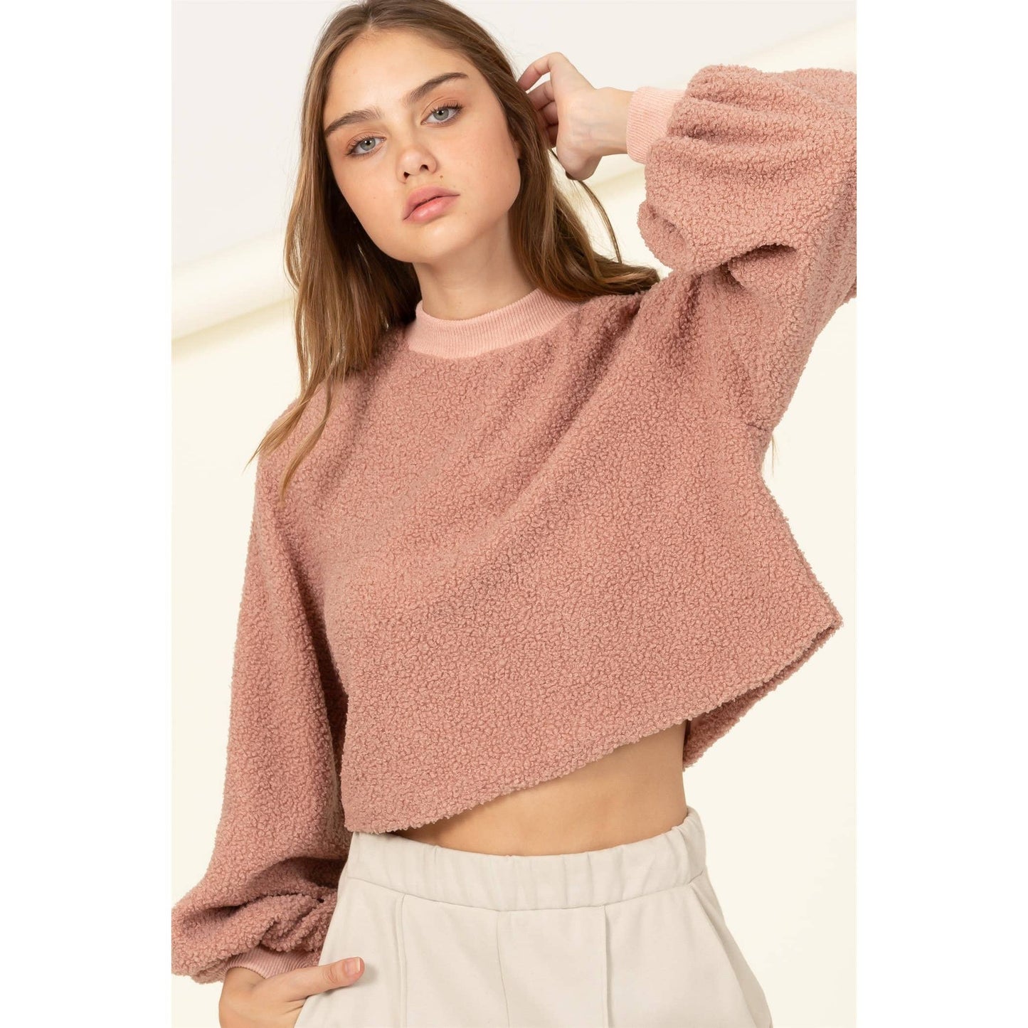 Raglan Balloon Sleeves Fur Pullover