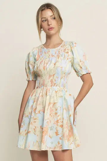 LT. BLUE PUFF SLEEVES SMOCKING WAIST MINI DRESS