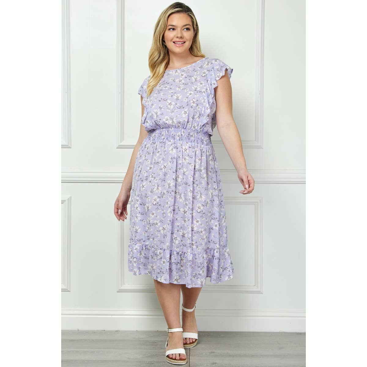 Plus Size Vintage Floral Flutter Midi Dress: Lilac