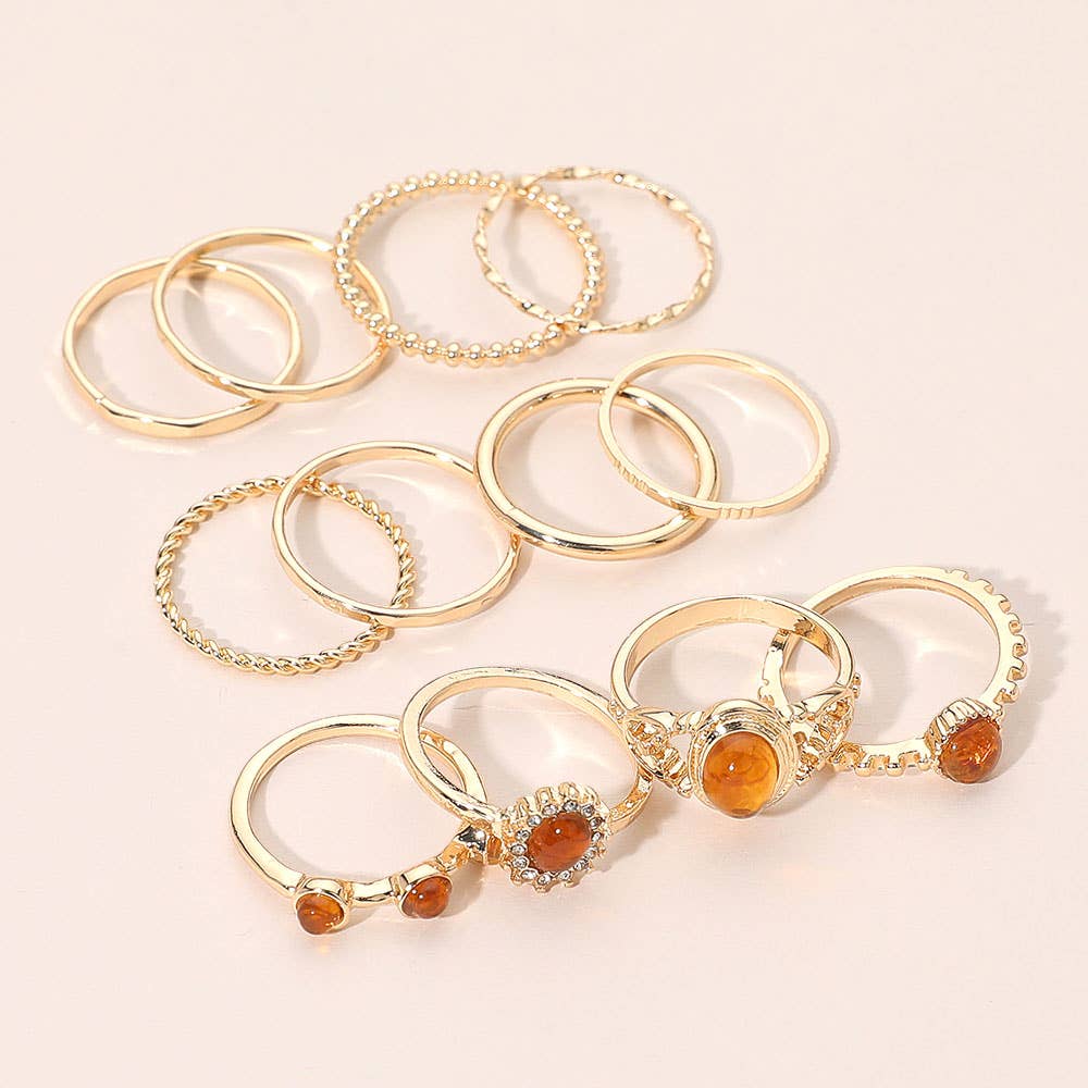 12PCS - Assorted Stacking Ring Set: Gold,Pink