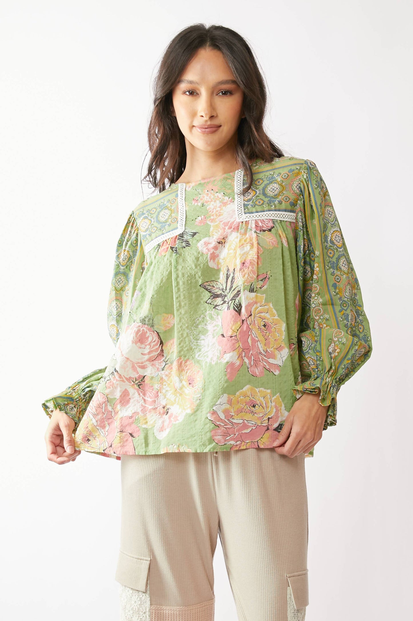 FLOWER BOHO STRIPE PEASANT BABYDOLL TOP