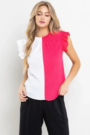 COLOR BLOCK RUFFLE SLEEVELESS TOP