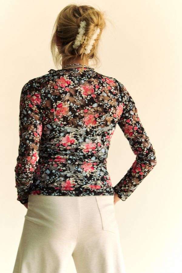 FLORAL PRINT MESH LONG SLEEVE LAYERING TOP: BLACK/ORANGE