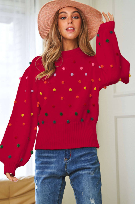 RAINBOW POMPOM MOCK NECK LONG SLEEVE SWEATER TOP
