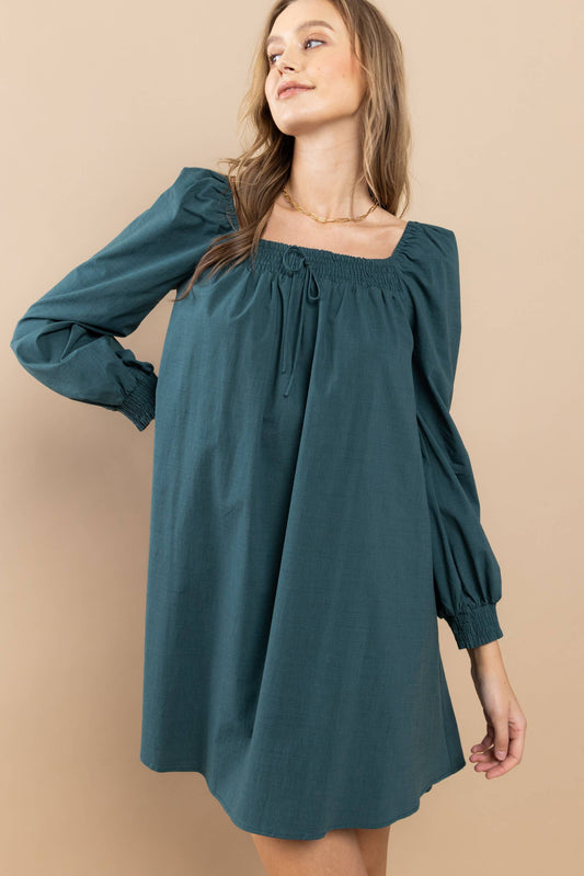 Smocked On-Off Shoulder Dress: Dark Teal