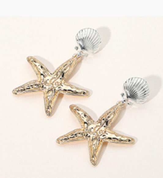 Two Tone Sea Shell Pointed Textured Metal Starfish Dangle Earrings