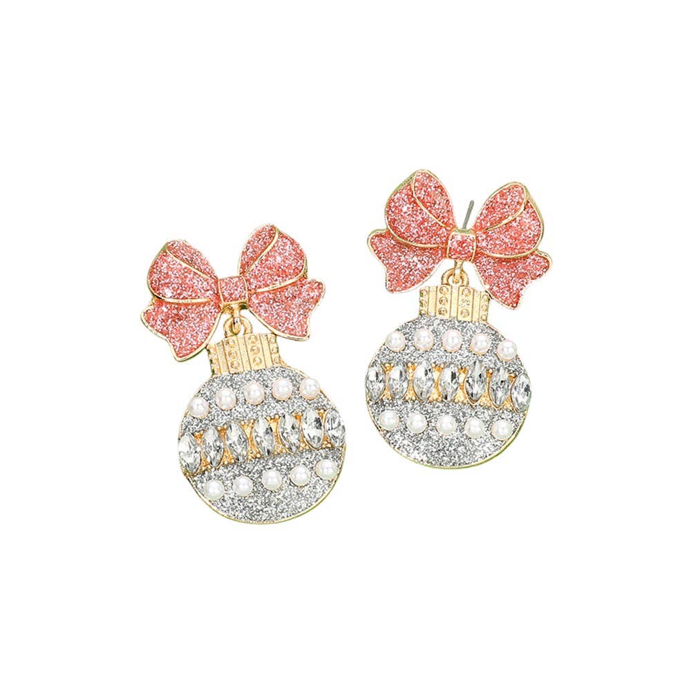 Christmas Bow Ornament Drop Earrings: Gold,Pink,White