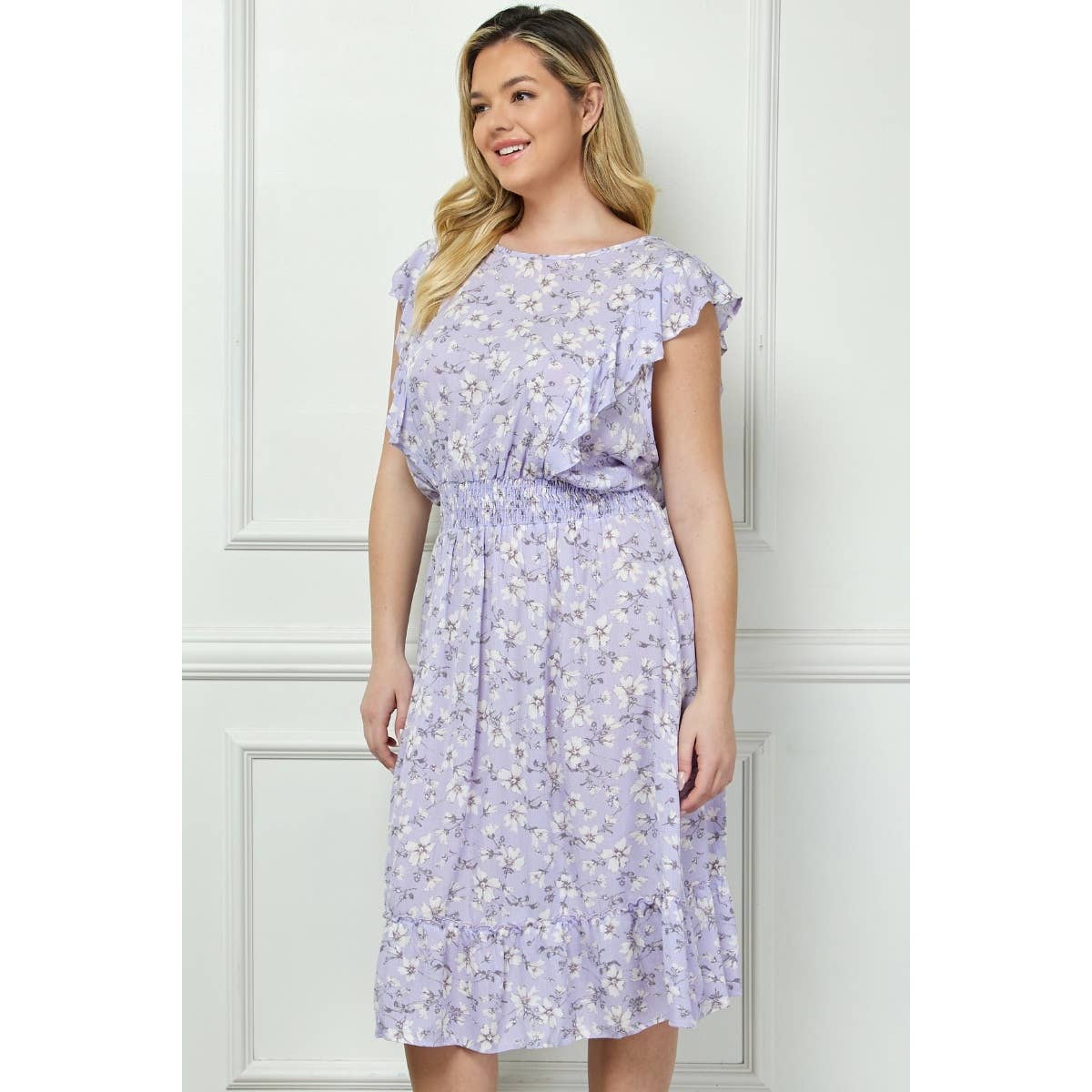 Plus Size Vintage Floral Flutter Midi Dress: Lilac