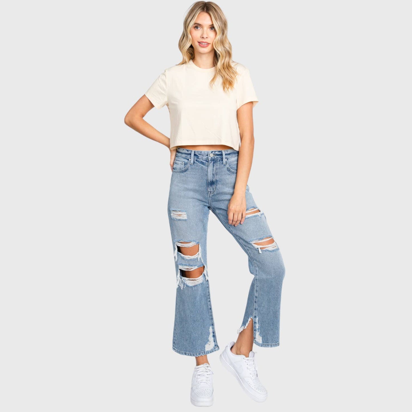 DISTRESSED HIGH RISE RIGID VINTAGE CROPPED JEAN