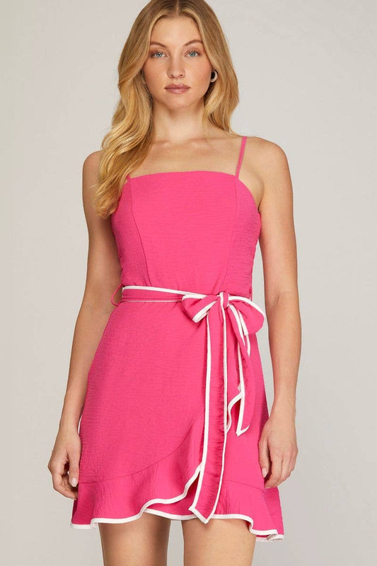 HOT PINK FRONT-TIE RUFFLED HEM WOVEN MINI DRESS
