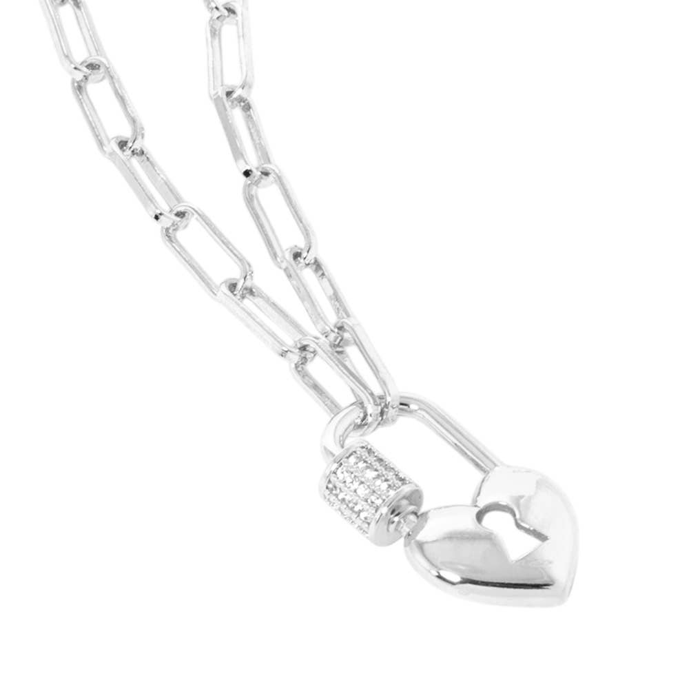 Gold Dipped CZ Paved Heart Lock Pendant Paperclip Necklace: Gold