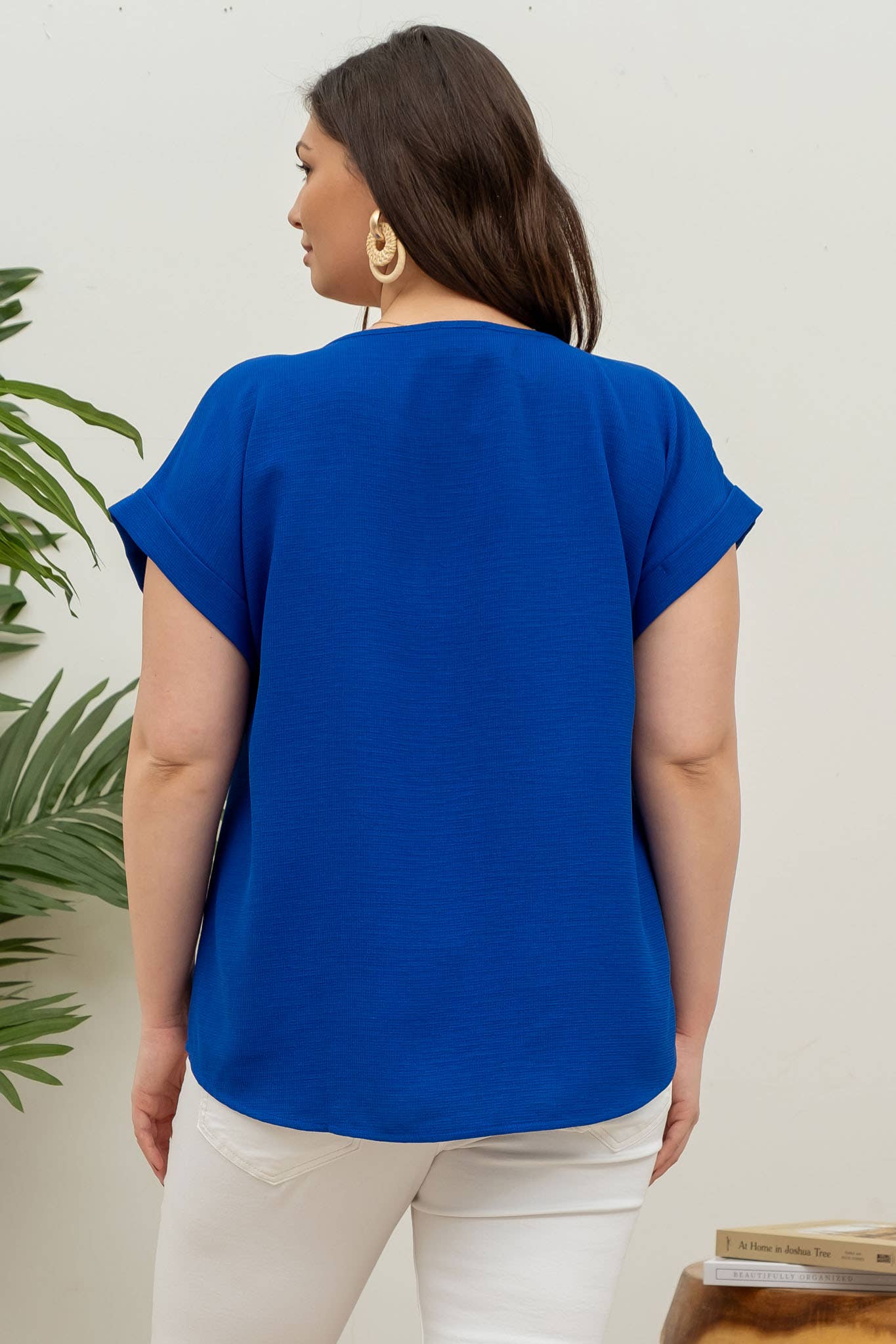 PLUS  BUTTON FRONT SHORT SLEEVE WOVEN TOP: ROYAL BLUE