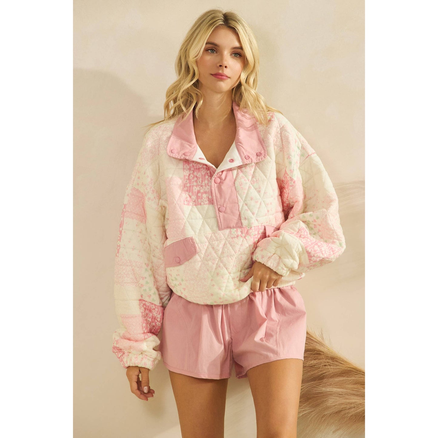 Quilted Contrast printed Quarter Button Sweatshirt