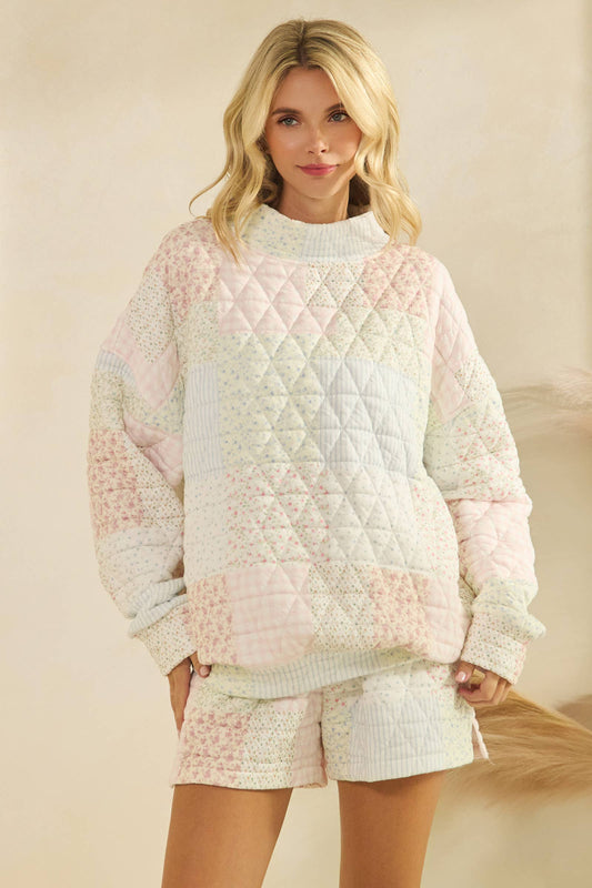 Floral textured mock neck quilted sweatshirt