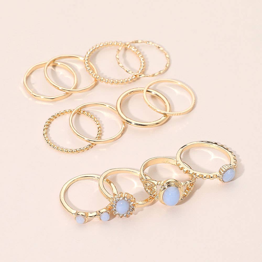 12PCS - Assorted Stacking Ring Set: Gold,Light Blue