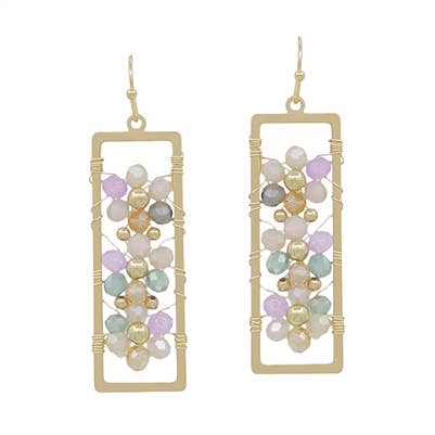 Light Multi Crystal Flower in Open Gold Rectangle Earring