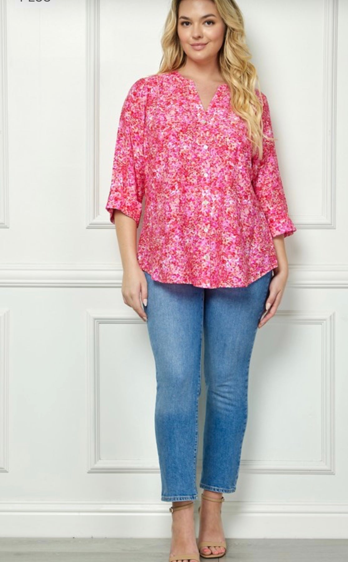 PLUS SIZE MANDARIN COLLAR PLAKET BLOUSE