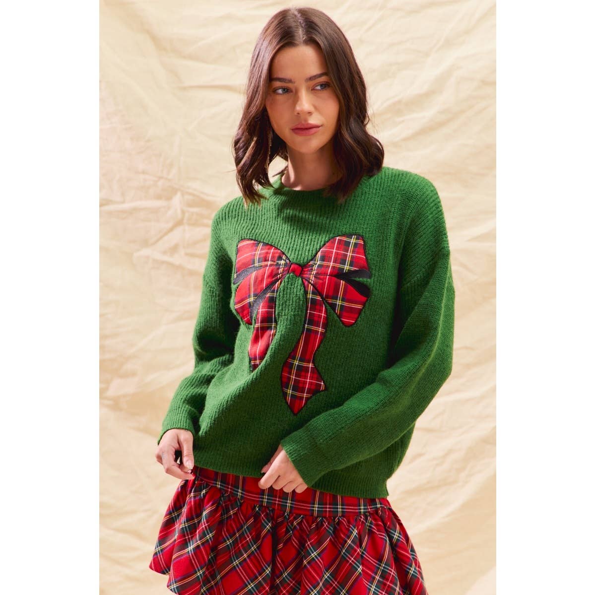 CHECKER PLAID RIBBON CHRISTMAS HOLIDAY SWEATER TOP: GREEN / S
