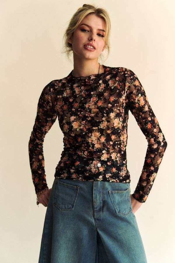 FLORAL PRINT MESH LONG SLEEVE LAYERING TOP: BLACK/ORANGE