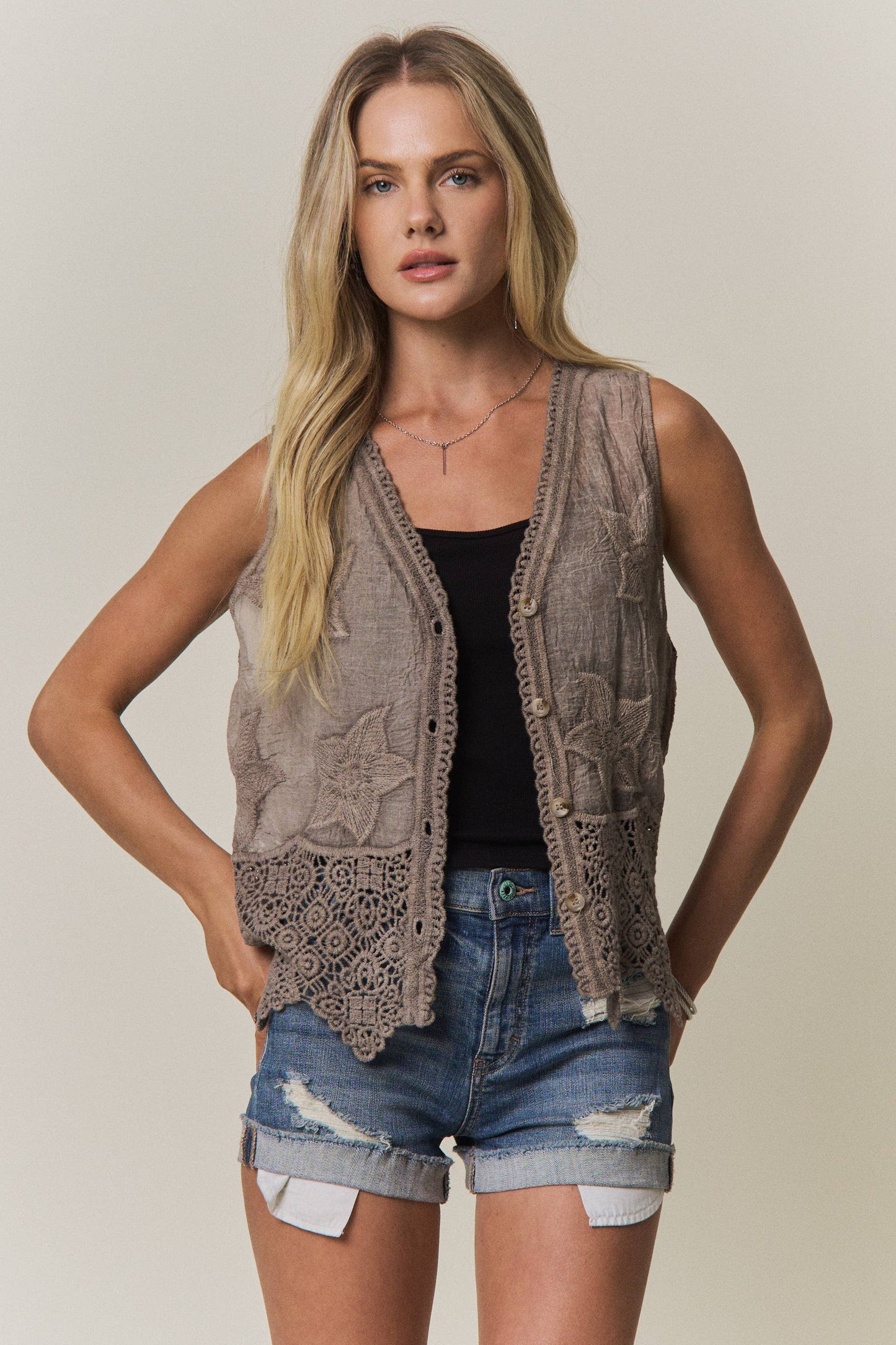 BOHO LACE PANEL BUTTON-FRONT VEST COFFEE ONE-SIZE