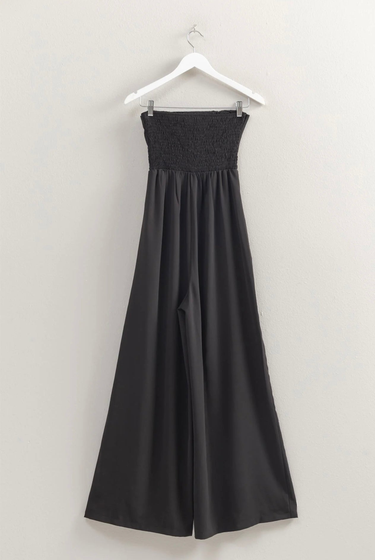 Strapless Tie Front Smocked And Flowy Legs Jumpsuit