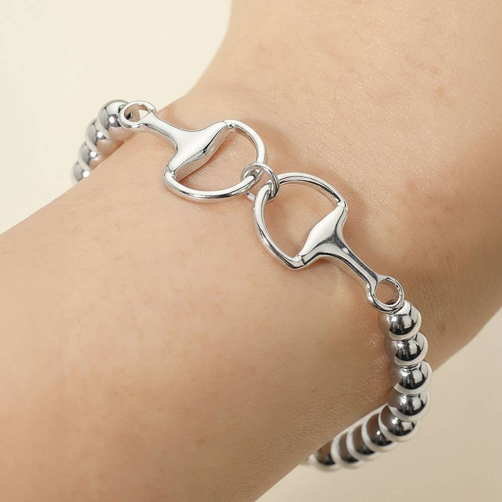 Metal Horsebit Link Accent Ball Beaded Stretch Bracelet: Gold