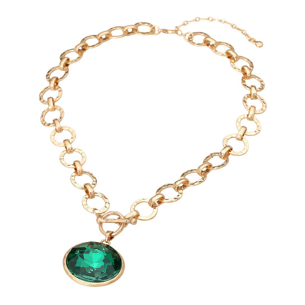 Bold Oval Gemstone Pendant Brushed Metal Chunky Chain Toggle Necklace: Green