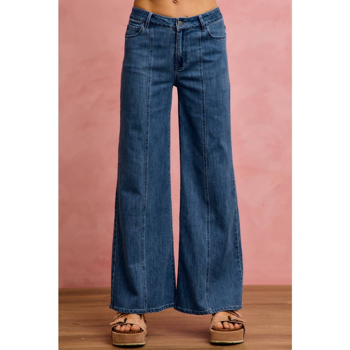 SEAM DETAIL MID RISE STRETCH DENIM JEANS PANTS