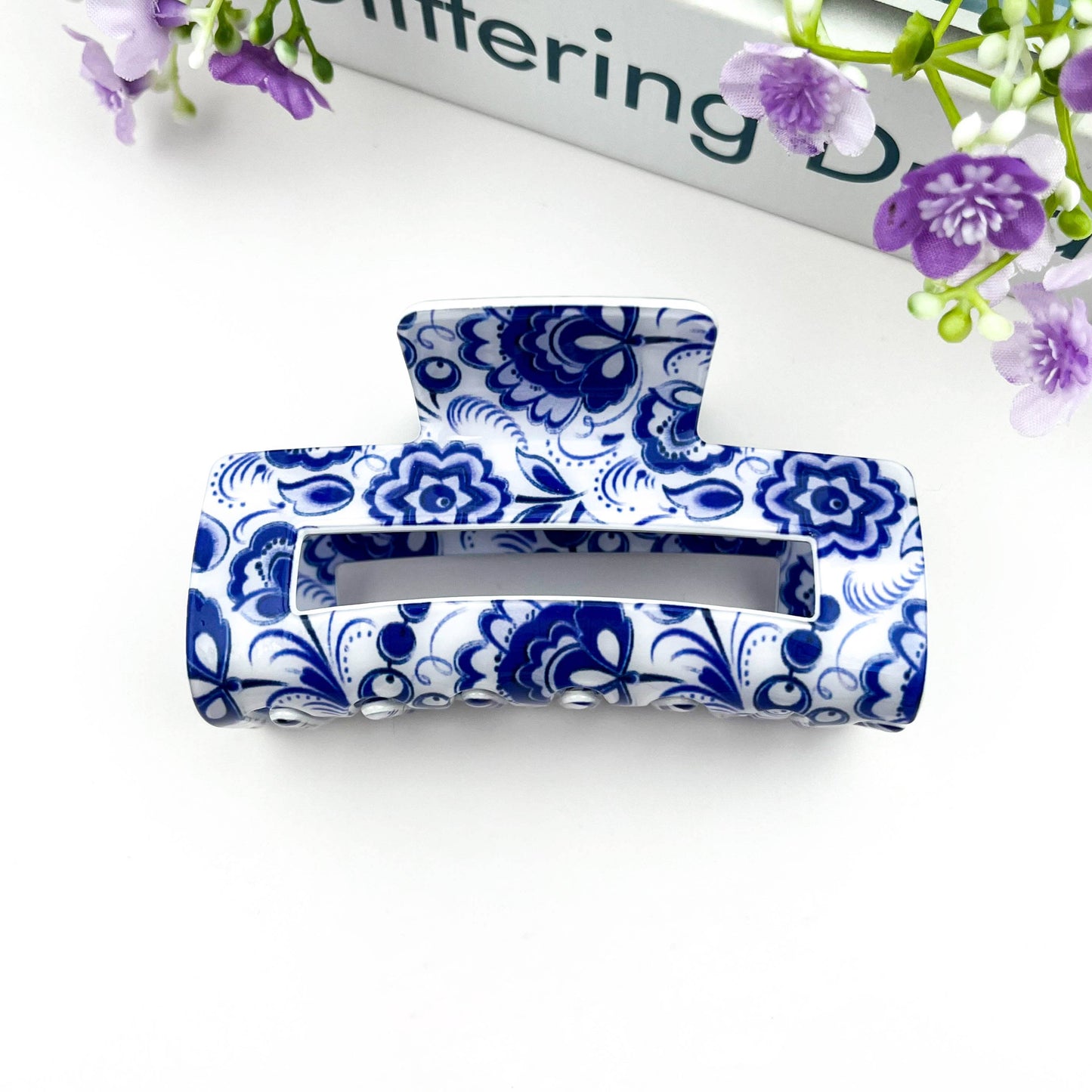 Blue & White Porcelain Pattern Rectangular Hair Claw Clip