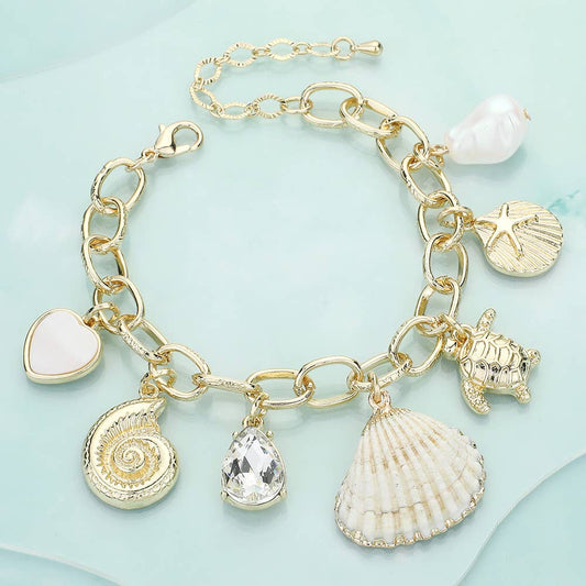 Shell Turtle Mother of Pearl Heart Pearl Charm Bracelet