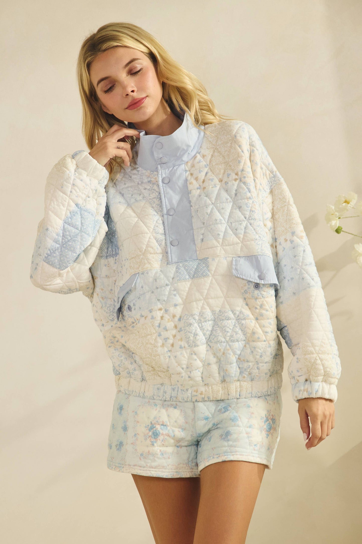Quilted Contrast printed Quarter Button Sweatshirt