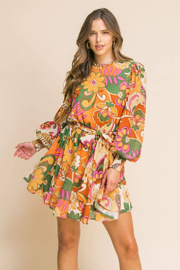 Belted printed woven mini dress