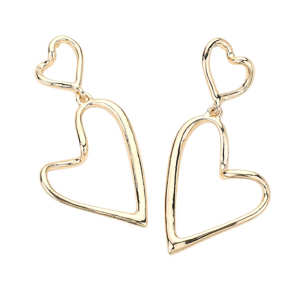 Double Hammered Metal Open Heart Dangle Earrings