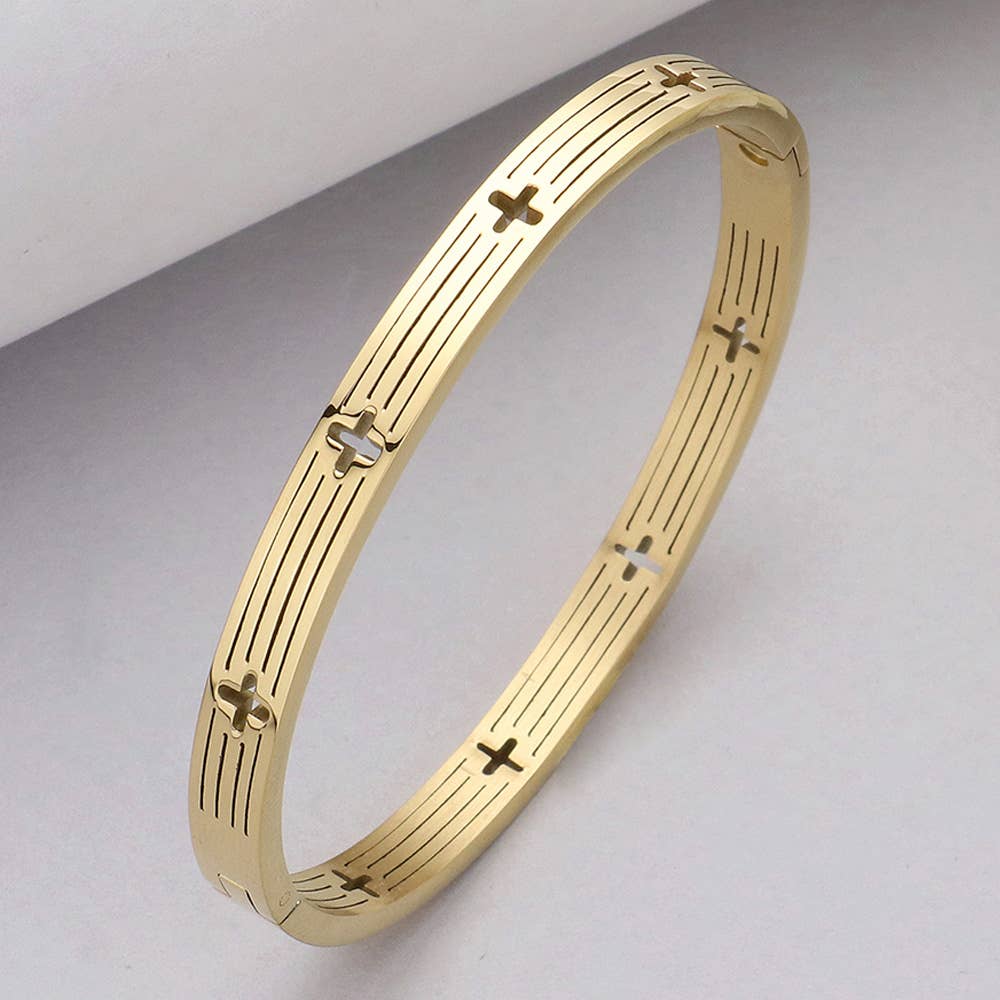 Stainless Steel Cross Cutout Hinged Bangle Bracelet