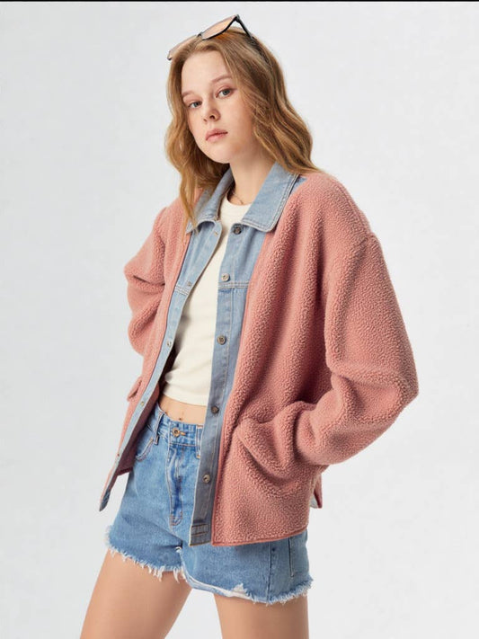 Soft Fleece and Denim Contrast Shacket Jacket