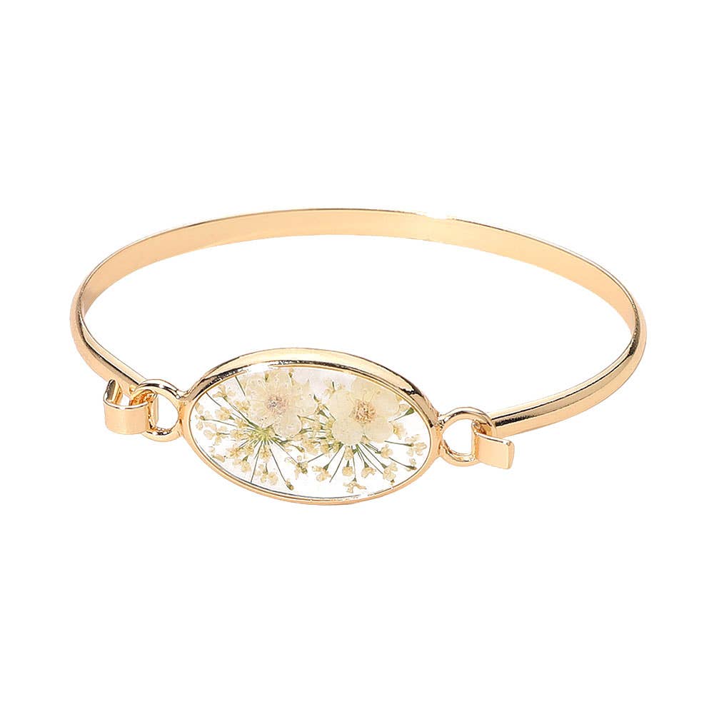 Floral Encased Oval Accent Bangle Bracelet: Gold,Pink