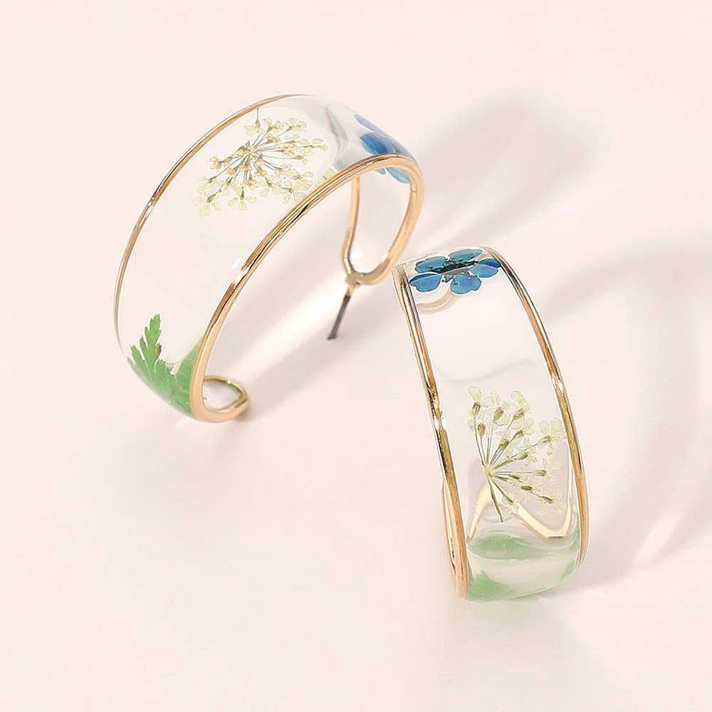 Botanical Floral Encased Hoop Earrings: Gold,Green