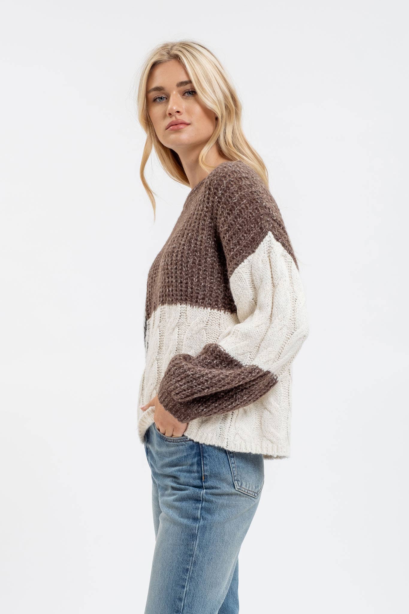 COLORBLOCK CHEVRON CABLE KNIT SWEATER